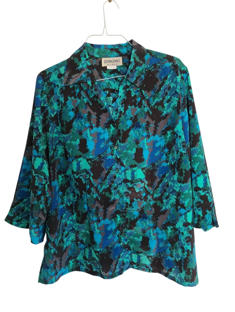 Donn Kenny Teal & Black Abstract Button Down Blouse 3/4 Sleeve 2X